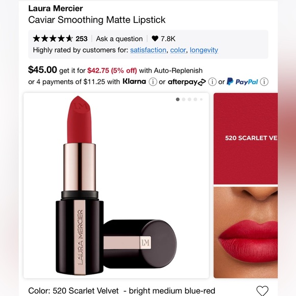 Laura Mercier Caviar Smoothing Matte Red Lipstick - 520 Scarlet Velvet - Picture 1 of 3